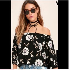 LULUS Light of Dawn Black Floral Print Off Shoulder Top